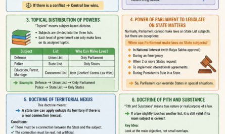 Distribution of Legislative Powers in India: Union vs State, Doctrines.
