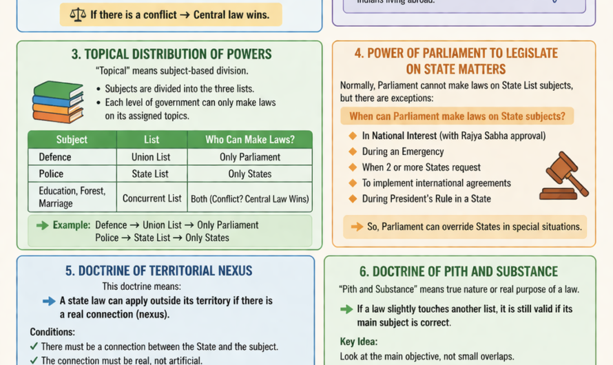Distribution of Legislative Powers in India: Union vs State, Doctrines.