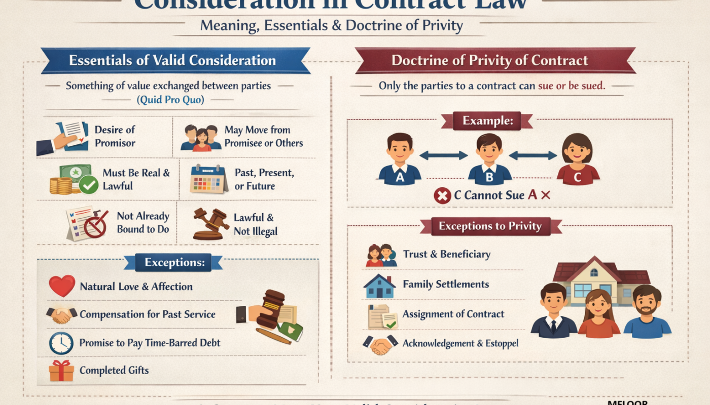 Consideration in Contract Law: Meaning, Essentials & Doctrine of Privity