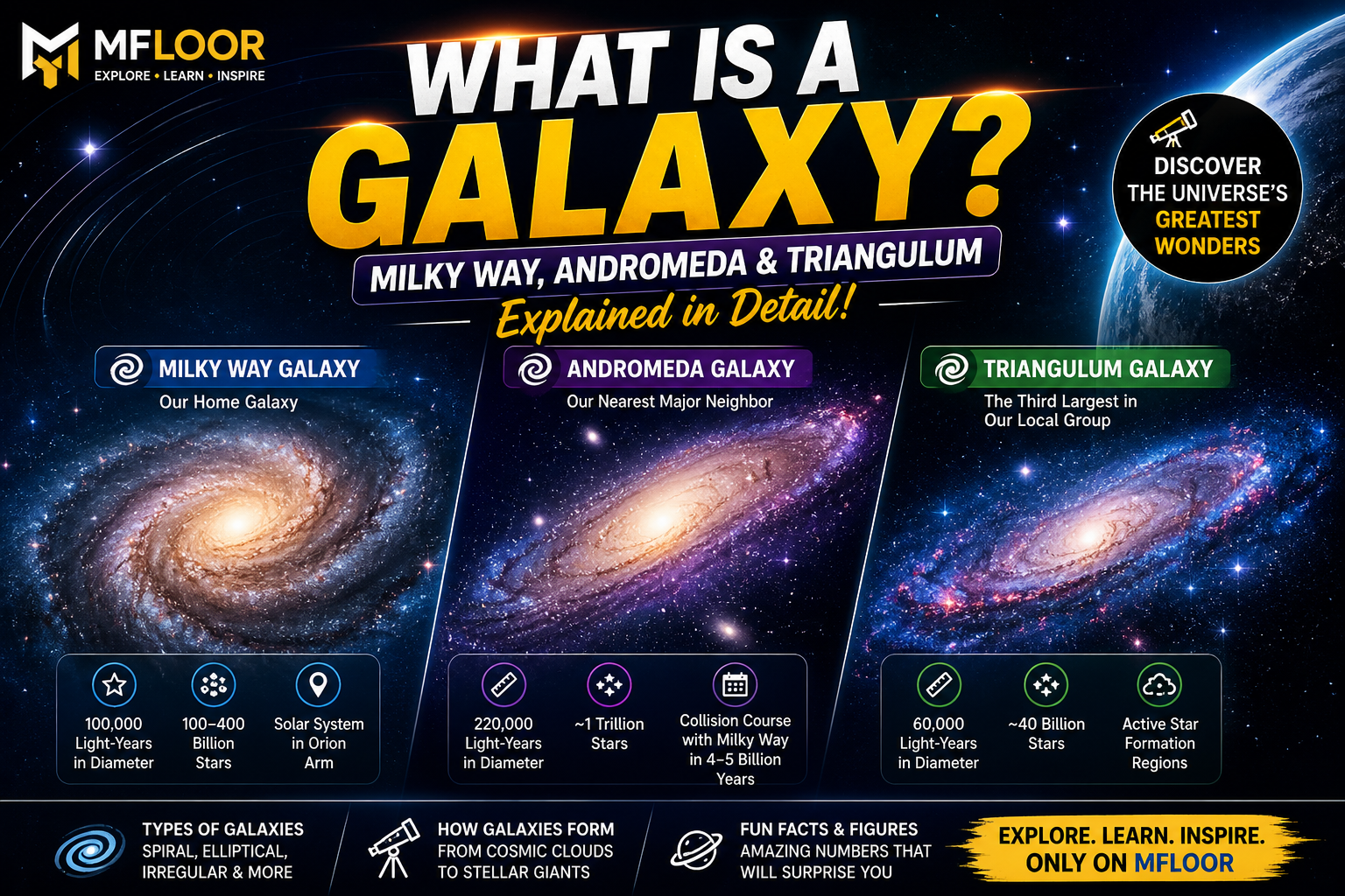 What is Galaxy? Explain Milky Way, Andromeda & Triangulum.
